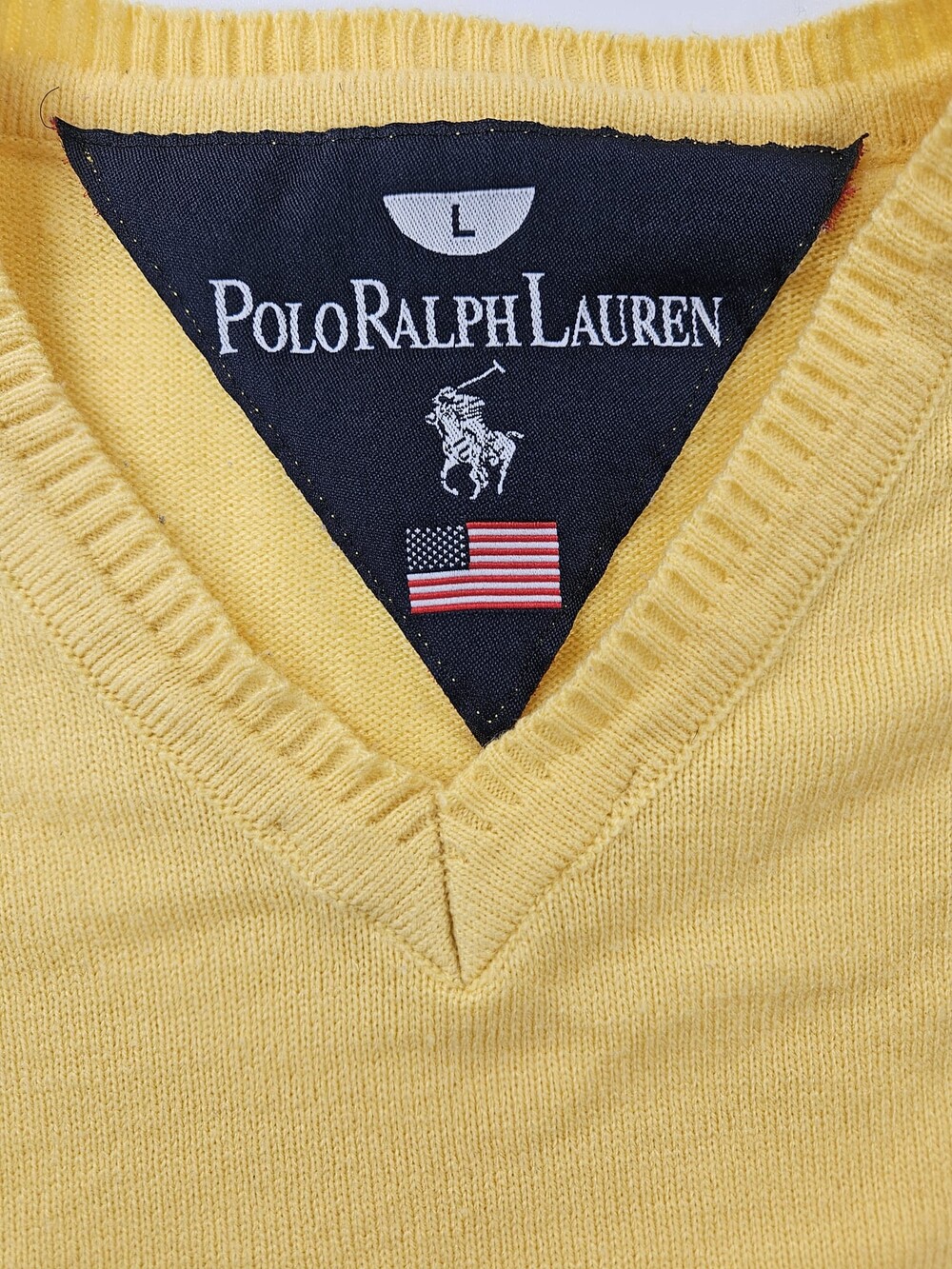 Polo Ralph Lauren Vintage Yellow V-Neck Sweater – Brown Elbow Patches – Size L - Picture 4 of 9